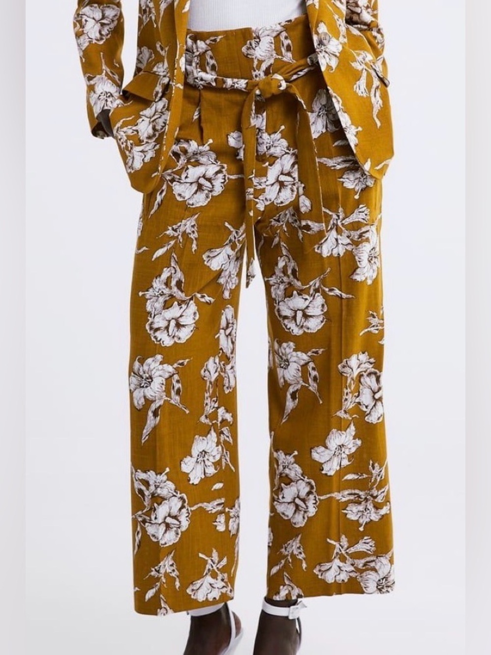 ZARA MUSTARD YELLOW WHITE FLORAL WIDE LEG PANTS TIE BELT WOMENS XS